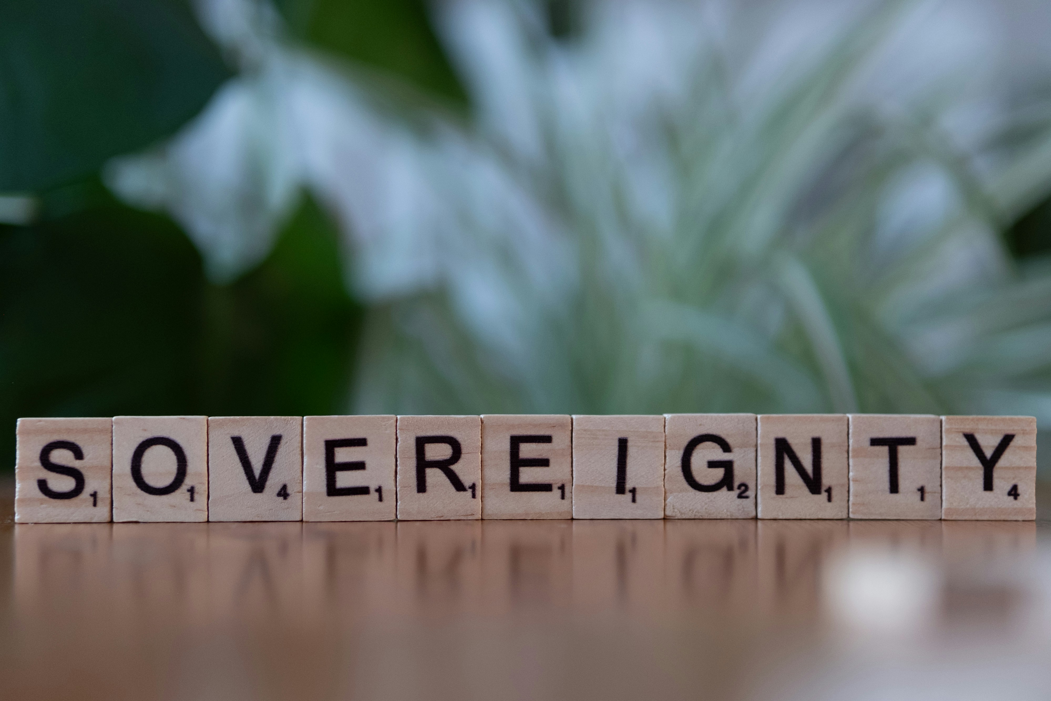 Scrabble tiles spelling sovereignity on a table